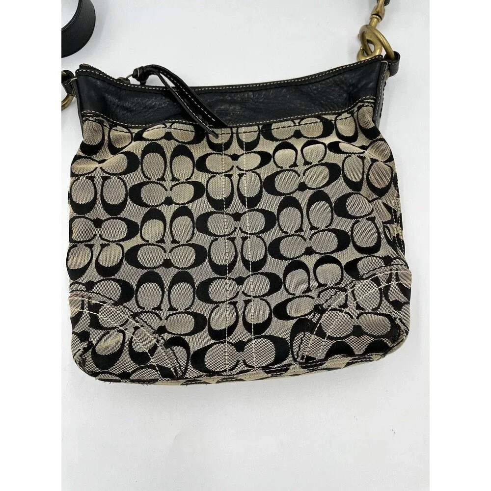 Coach Signature Monogram Canvas Crossbody Bag Black Tan Leather Trim Messenger